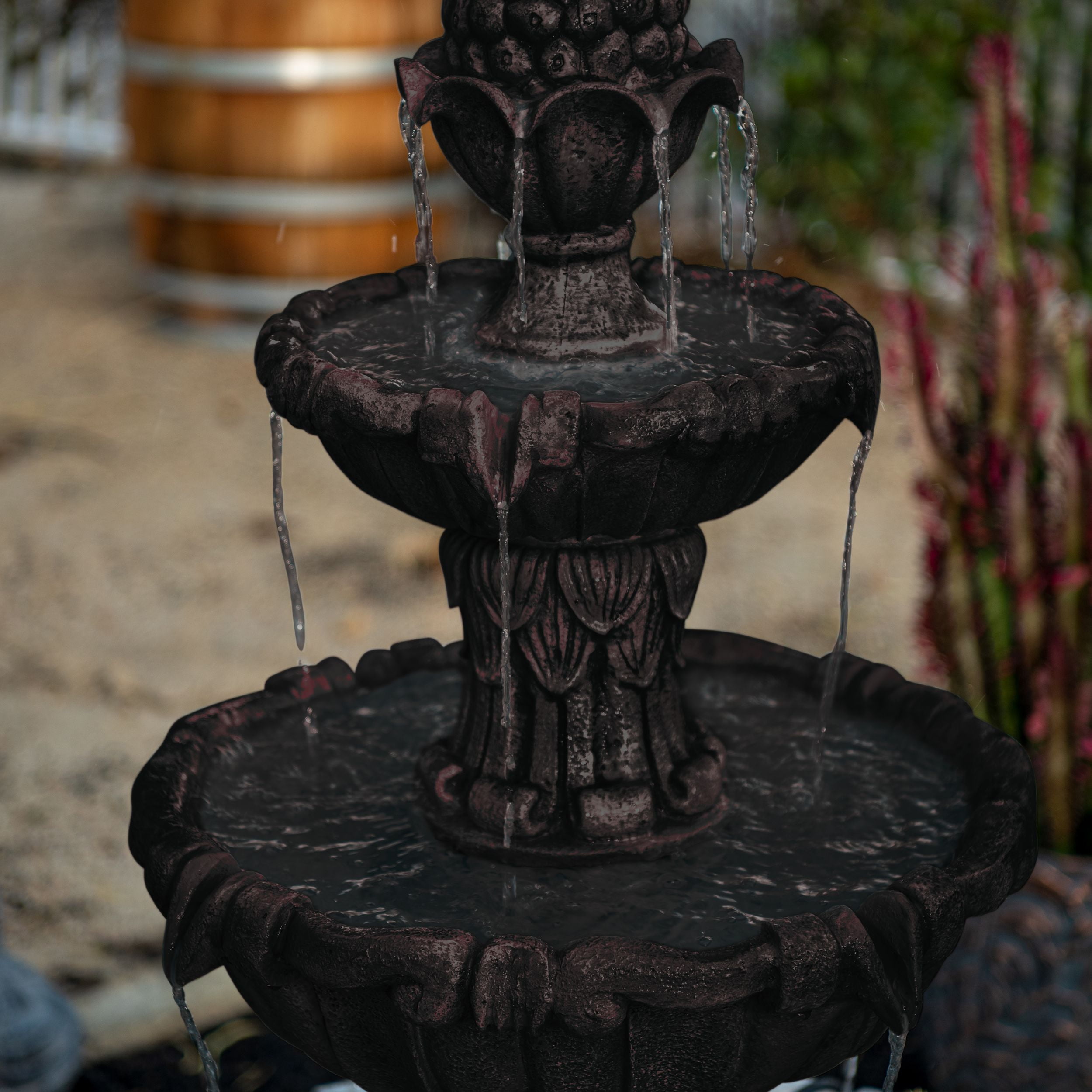 58.3" 3-Tier Electric Outdoor Freestanding Water Fountain - Classic Leaf Design, Brown Resin with Pump