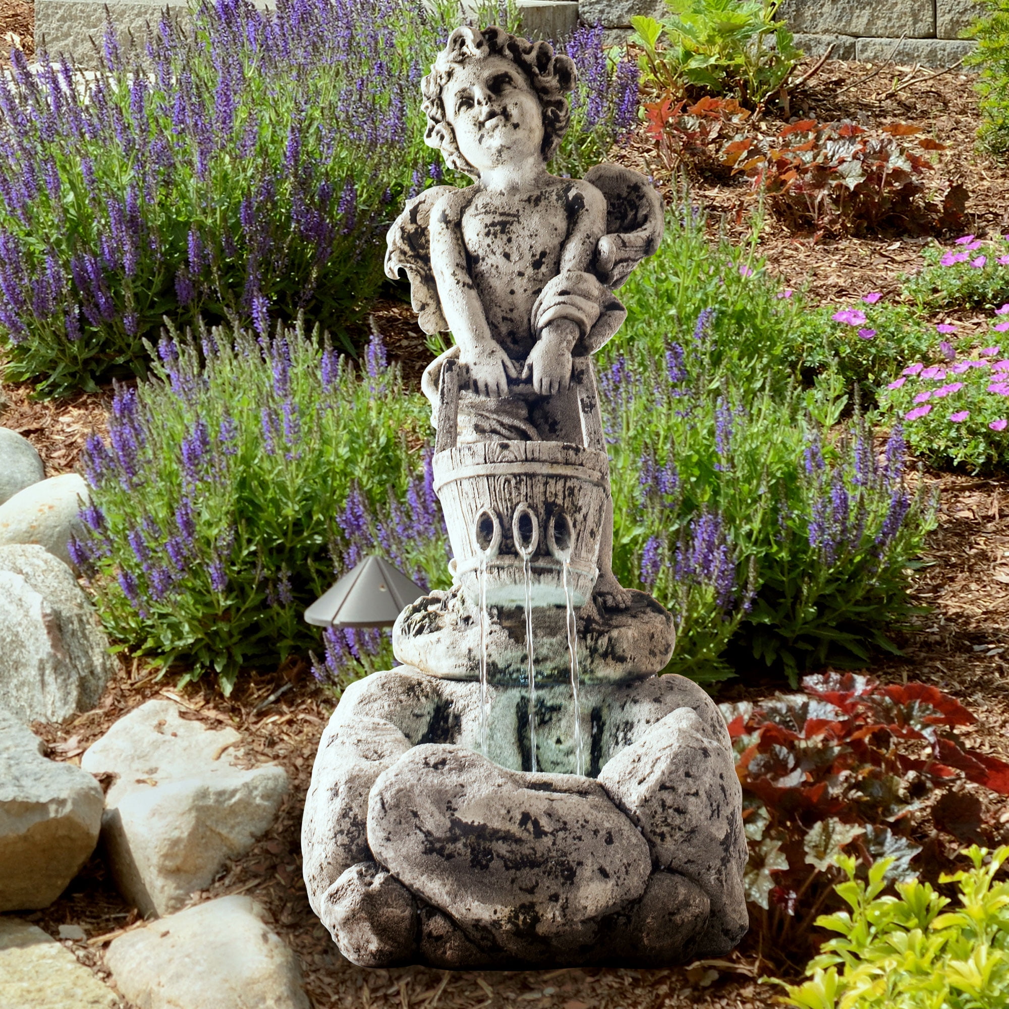 Solar Powered Antique Stone Style Finish Cherubs Outdoor Garden Sculpture 