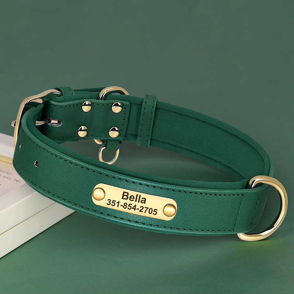 Personalized Soft Leather Dog Collar With Custom Engraved Name Tag - Adjustable Sizes S-XL