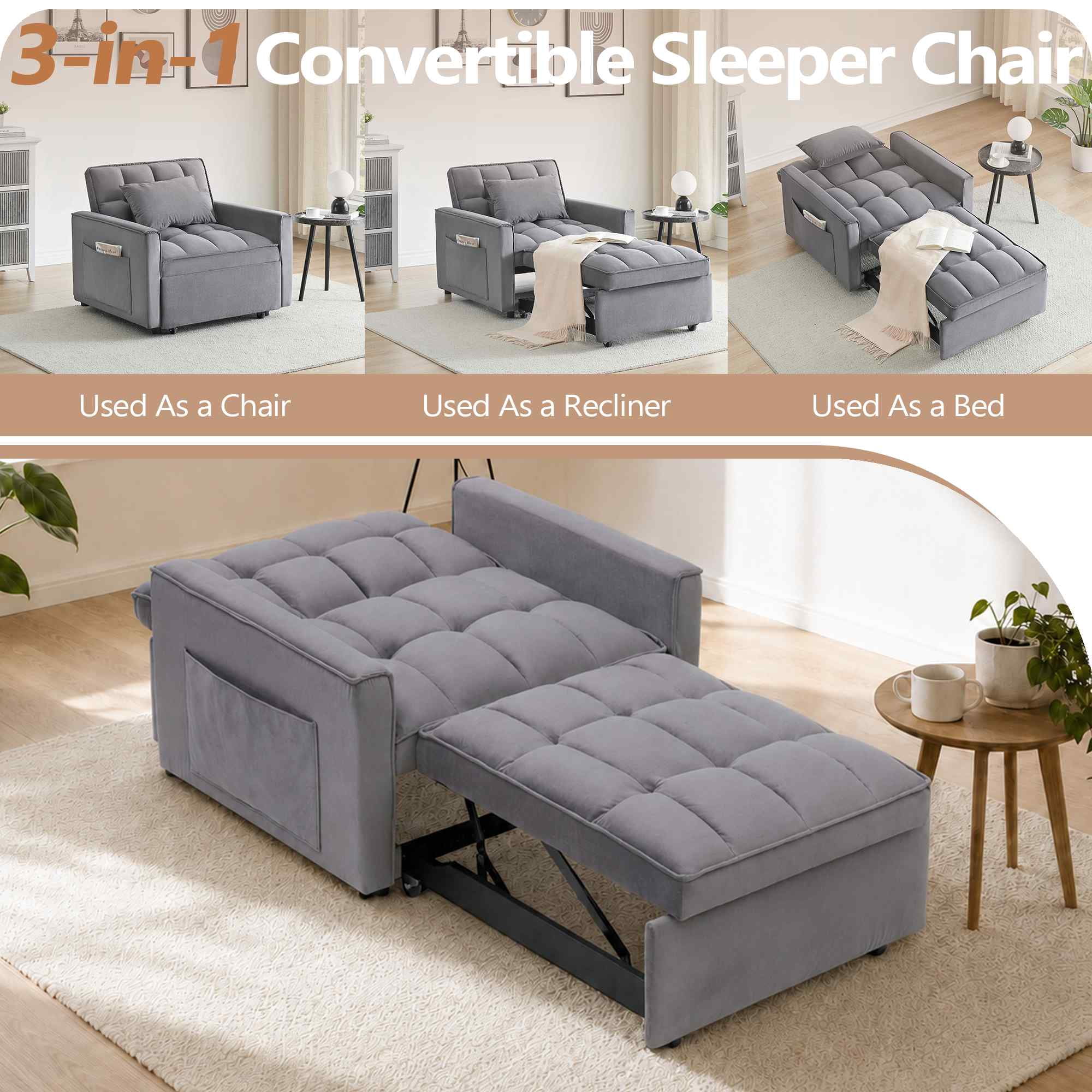 FFH Recliner Chair, Convertible Sofa Bed with Adjustable Backrest, Couch for Living Room, Bedroom, Dark Gray