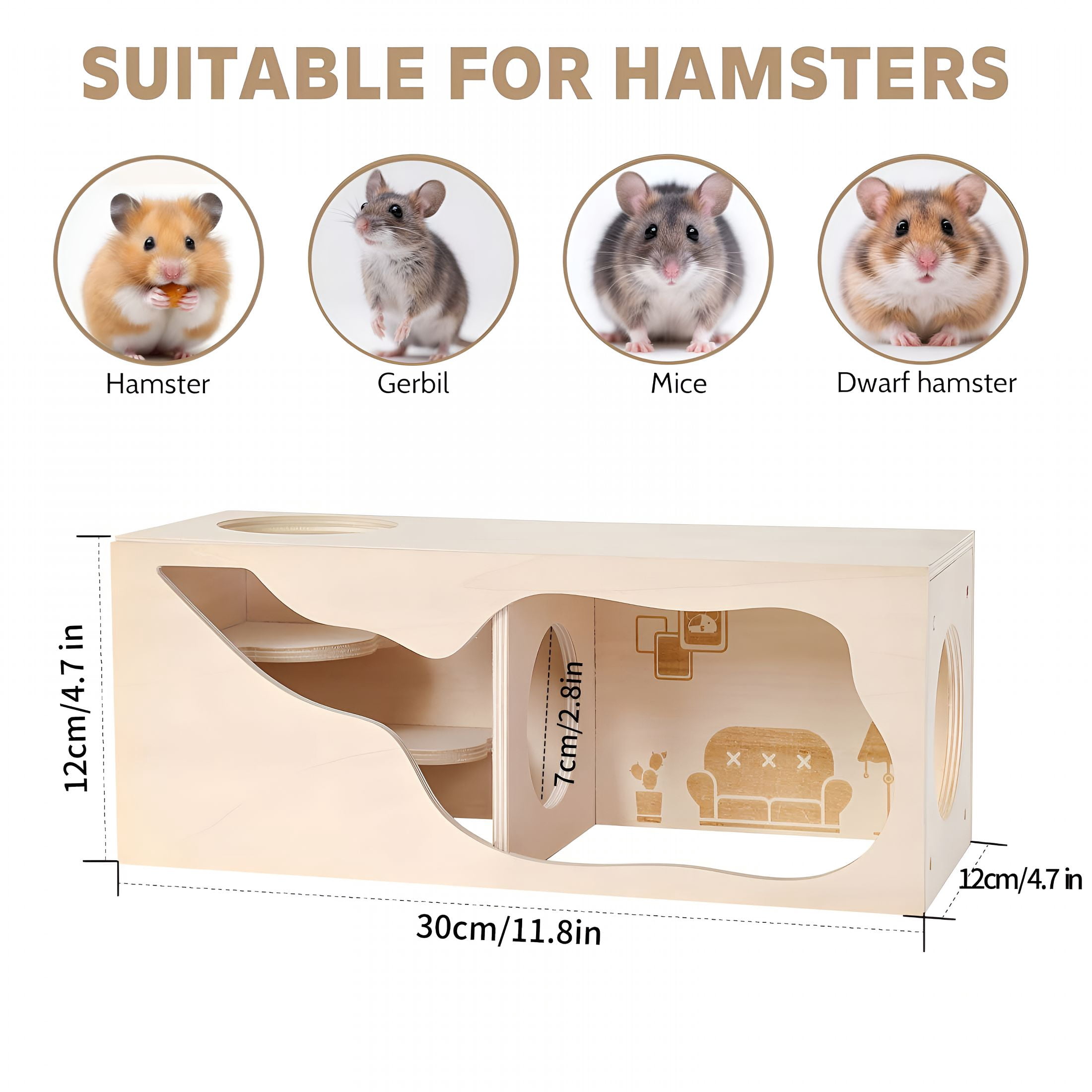 XIBUFE Guinea Pig Hideout Wooden House Chamber Small Animals Pets Tunnel Exploring Toys for Dwarf Hamsters, Syrian Hamsters, Gerbils, Hedgehogs, Rats, Mice, Chinchilla (Living Room)