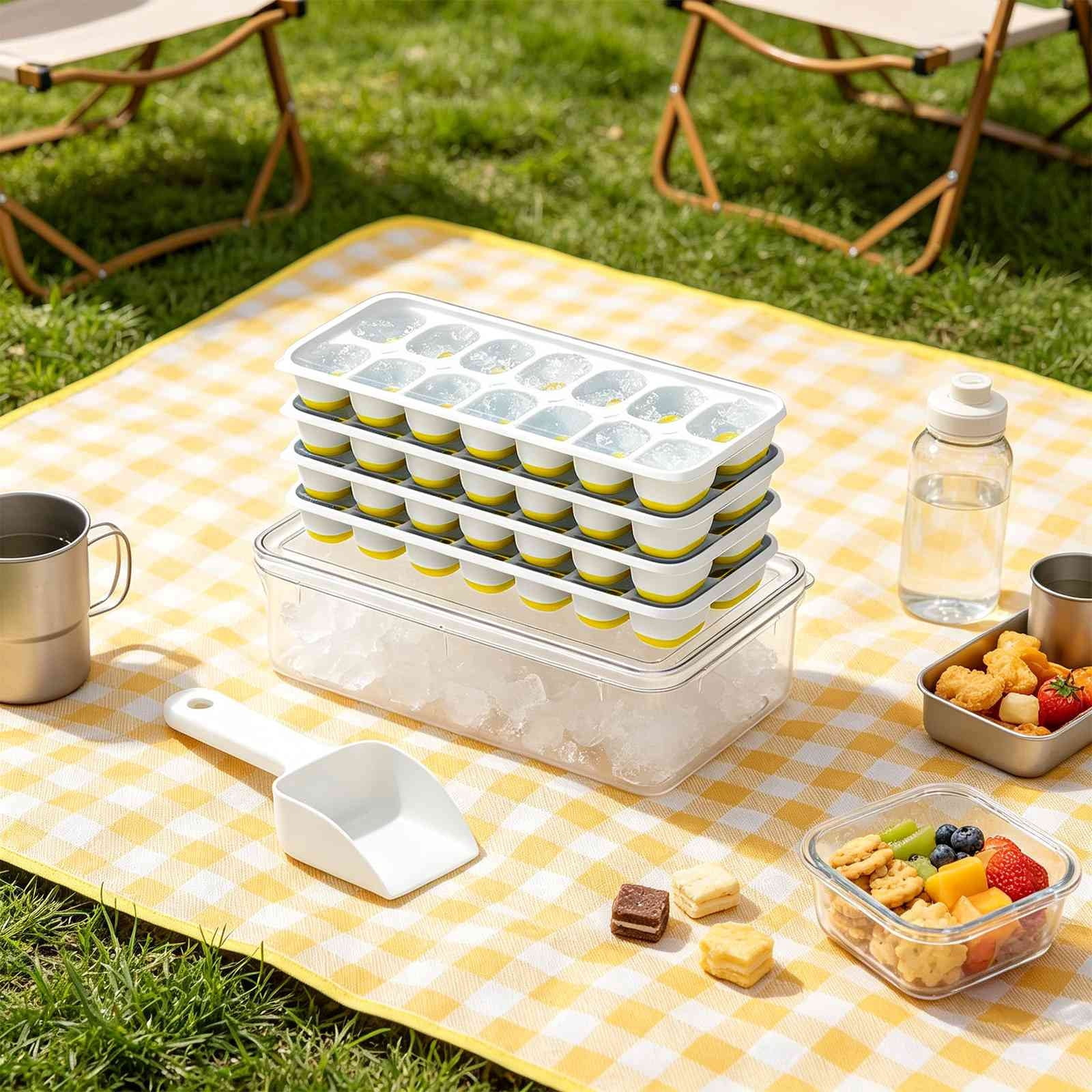 COM1950s Ice Tray Set with Storage Bin, Stackable Ice Tray with Lid and Container, Home Ice Maker Kit with Scoop, Freezer Ice Mold for Kitchen, Summer Portable Ice Box for Drinks