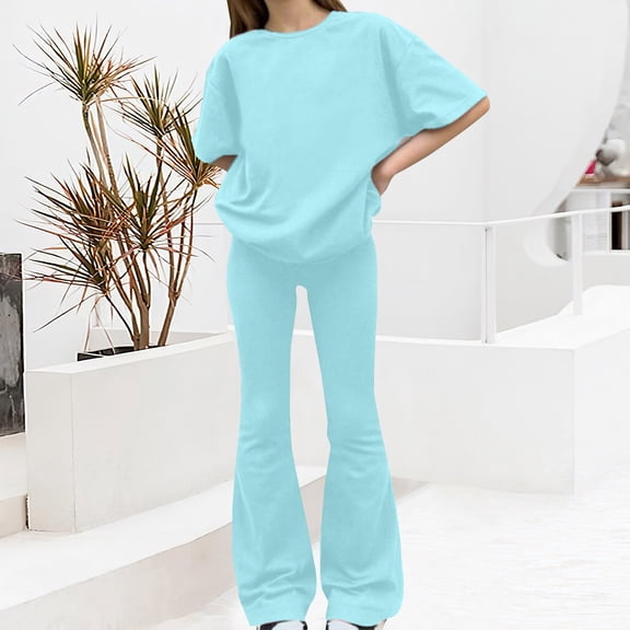 UACY Girls' Clothing Set, Short Sleeve T-Shirt and Bell Bottom Pants 2-Piece Cute Spring Outfit, Sweatsuit School Uniform (Light Green, 12-13 Years)