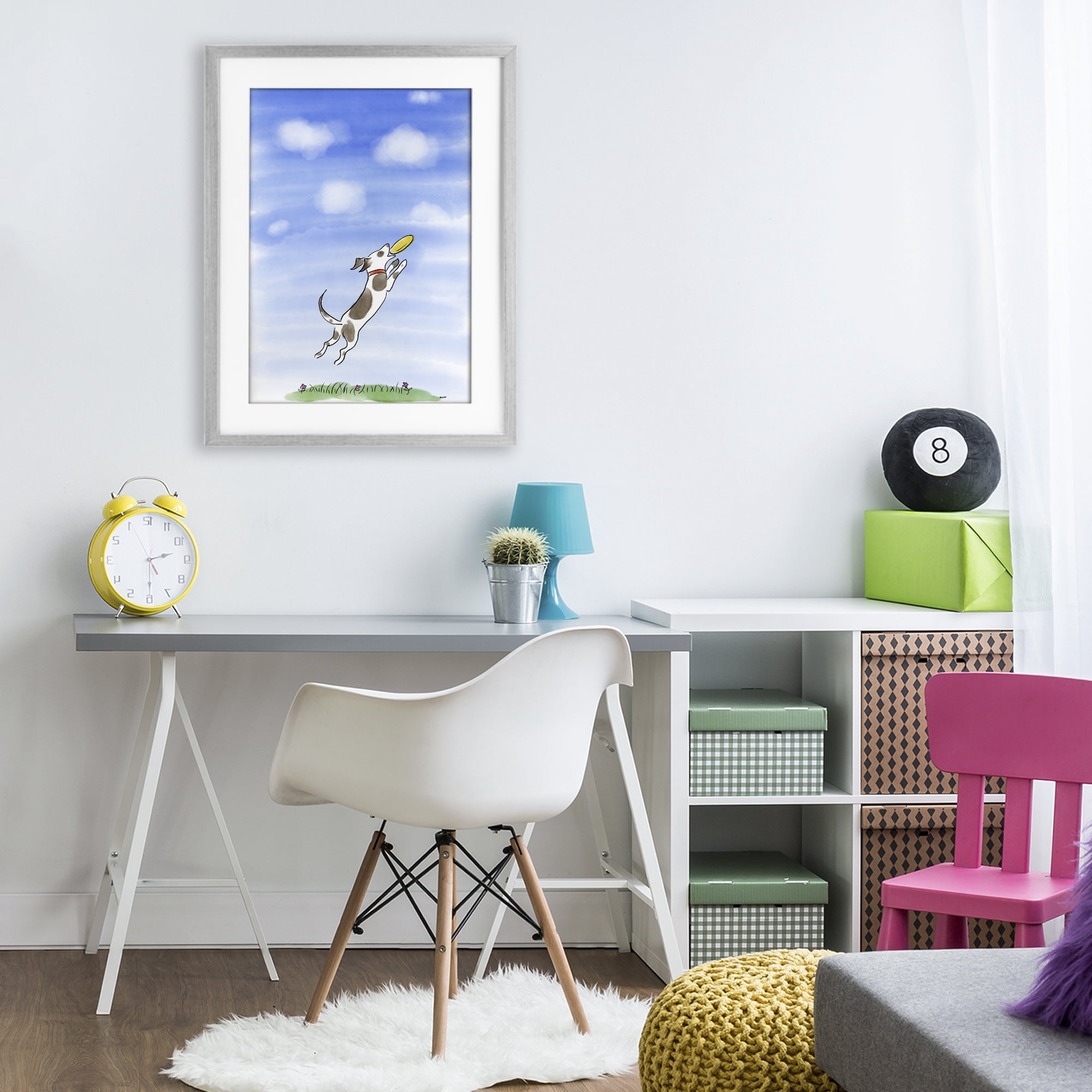 Stupell Industries Dog Catching Frisbee Gray Framed Print Under Glass, design by Patti Mann