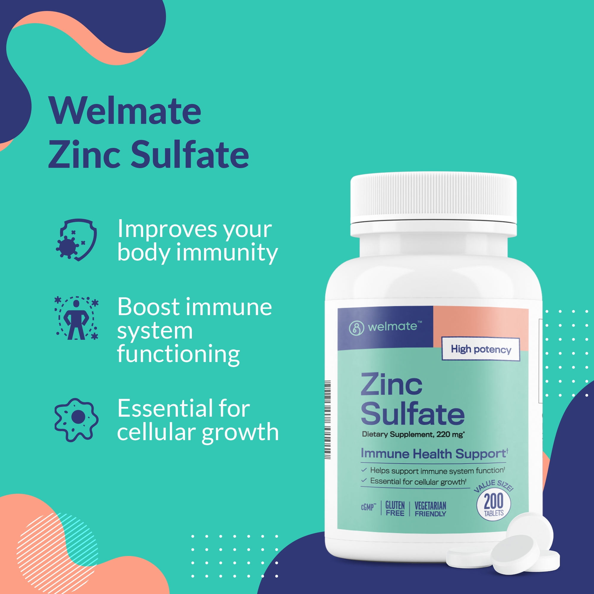 Buy Welmate Zinc Sulfate 220mg Dietary Supplement Immune Health