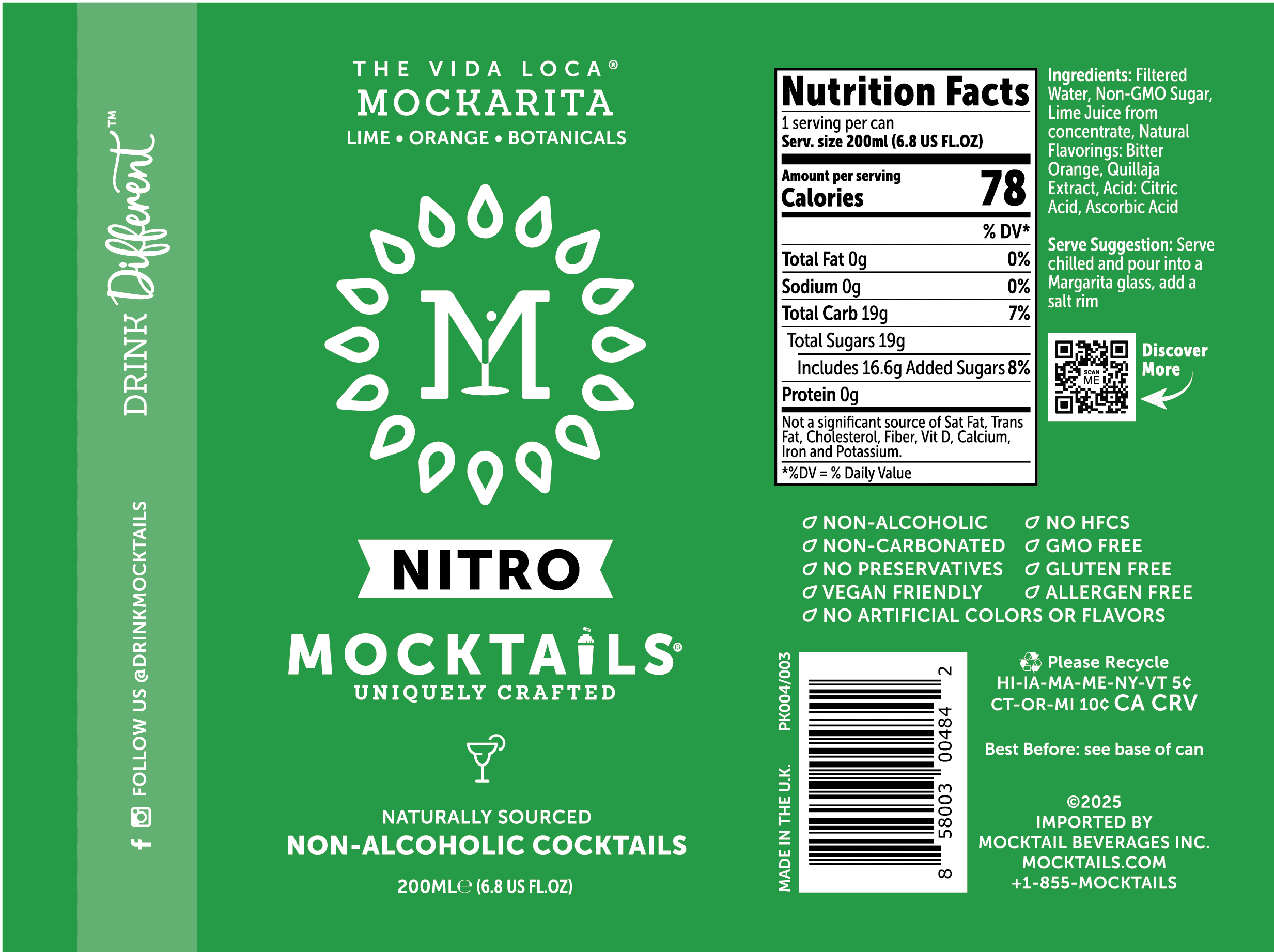 Mocktails Vida Loca Mockarita Margarita Lime Flavored Non-Alcoholic Nitro Cans, 12-Pack, 12-6.8 oz