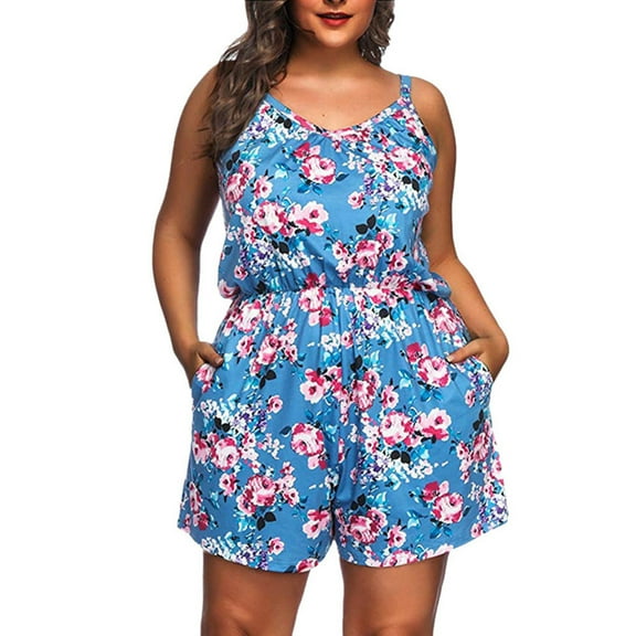 AOOCHASLIY Summer Dresses for Women Clothes Women Plus Size Casual Sleeveless Printing Loose Sling Rompers Shorts