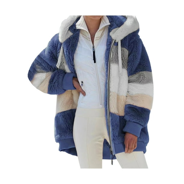 Fanvereka Women Hooded Fuzzy Fleece Coat Color Block Patchwork Zip Up ...