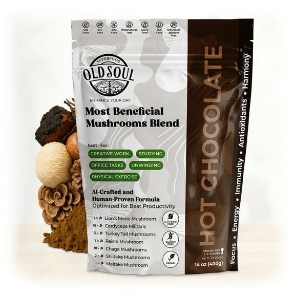 OLD SOUL Mushroom Hot Chocolate Blend | 7-Mushroom Formula | Real Cocoa | Energy, Focus, Immunity | 14 oz (400 g)