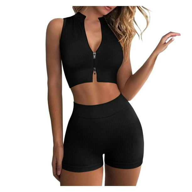 Conjunto de entrenamiento de pantalones cortos deportivos de cintura alta con cremallera sin costuras de dos piezas para mujer de moda Pompotops ulkah936635