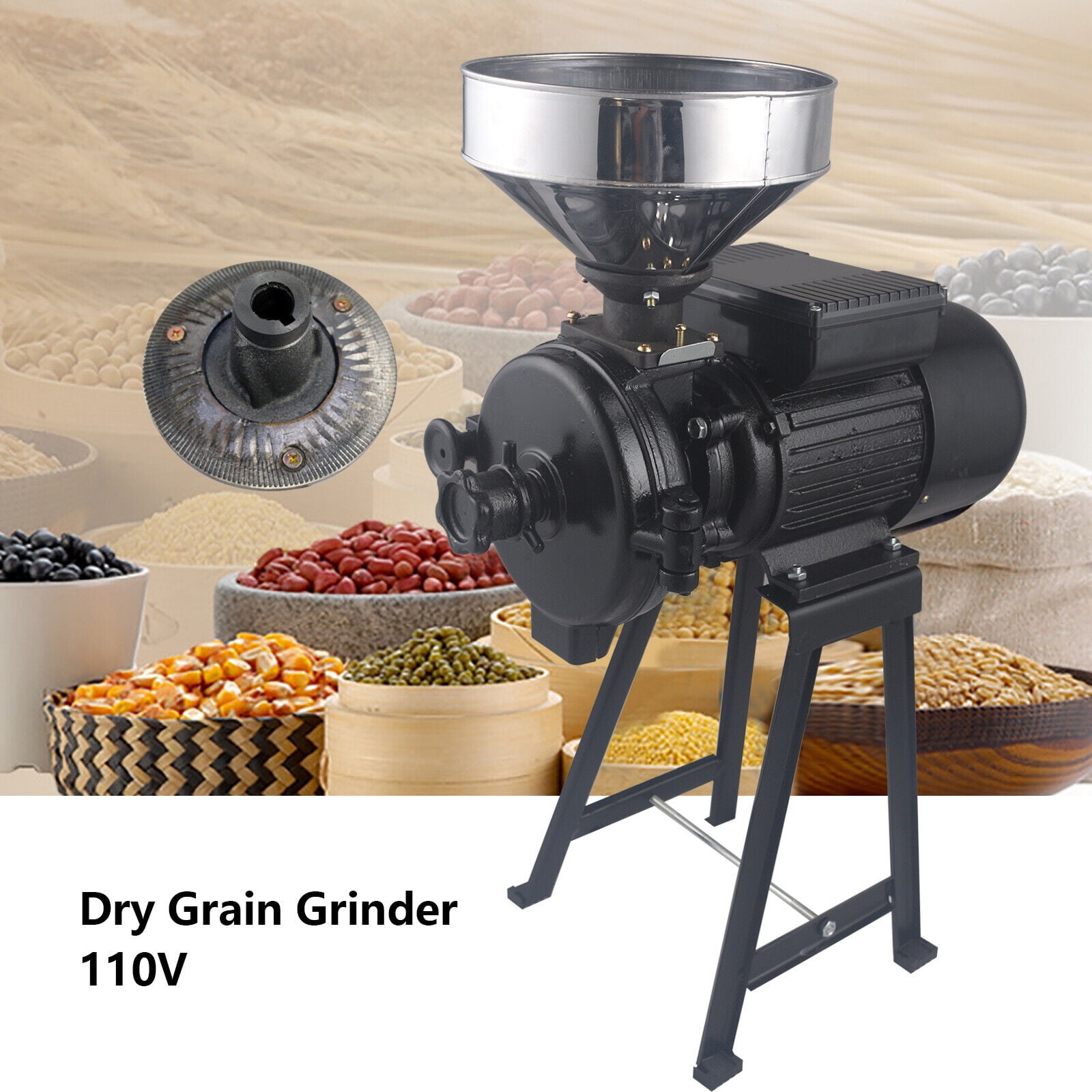 Electric Grain Mill Machine Corn Wheat Cereal Feed Wet Dry Grinder w/ Funnel