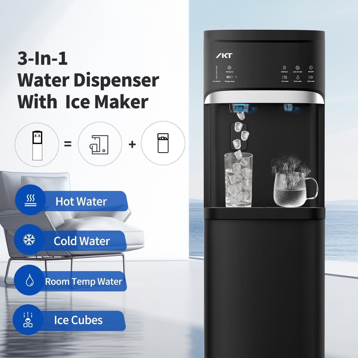 IKT Bottom Loading Water Dispenser with Ice Maker, for 5 Gallon,Safety Features, 3 Temperature,22lbs Within 24hrs, Empty Bottle Indicator, Black