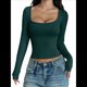 thumbnail image 1 of Camisas de Larga para Mujer, Tops Cortos, Cuello Cuadrado, Camisetas Básicas para Salir, Ropa de Invierno Y2K 2025 Verde Oscuro XL, 1 of 7