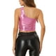 thumbnail image 3 of Top corto metálico para mujer de un solo hombro, ropa de fiesta de Halloween, club, camisetas brillantes holográficas, M rosa, 3 of 6