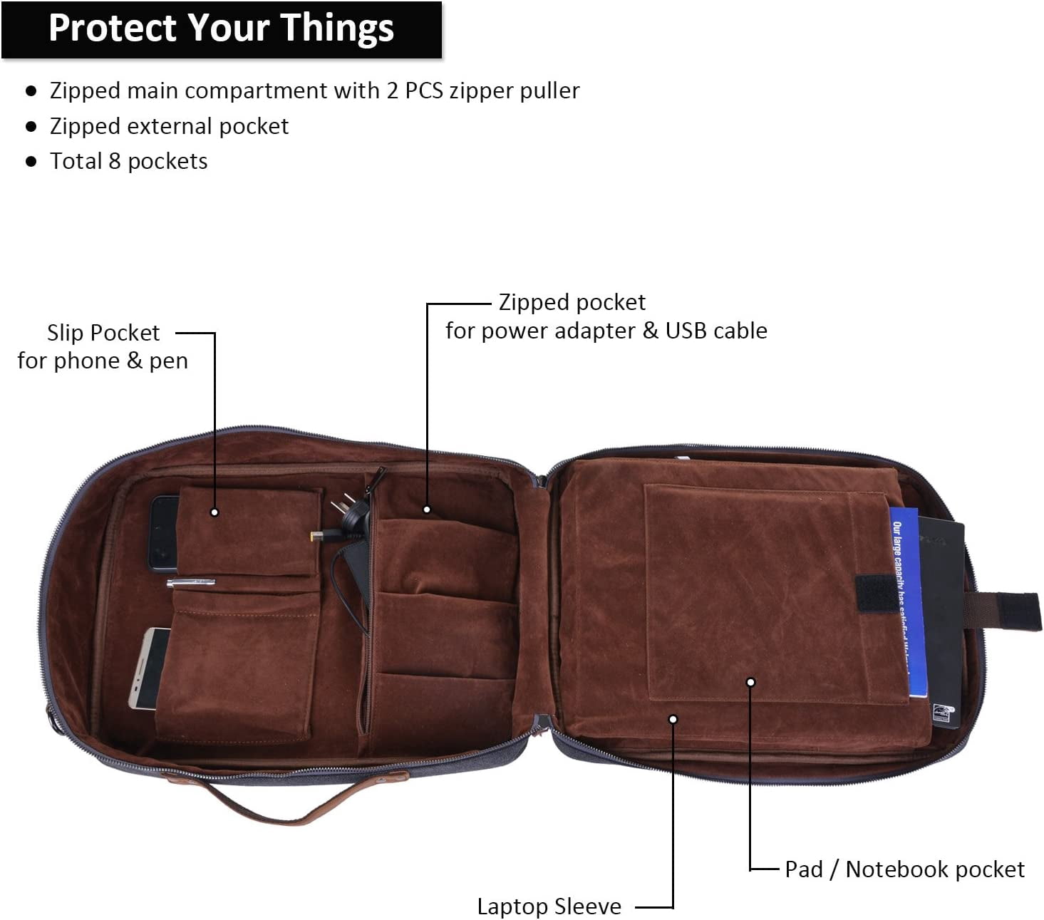 Laptop Briefcase Backpack Vintage Canvas Messenger Bag with Scratch Protection Lining Up to 15in (Black)