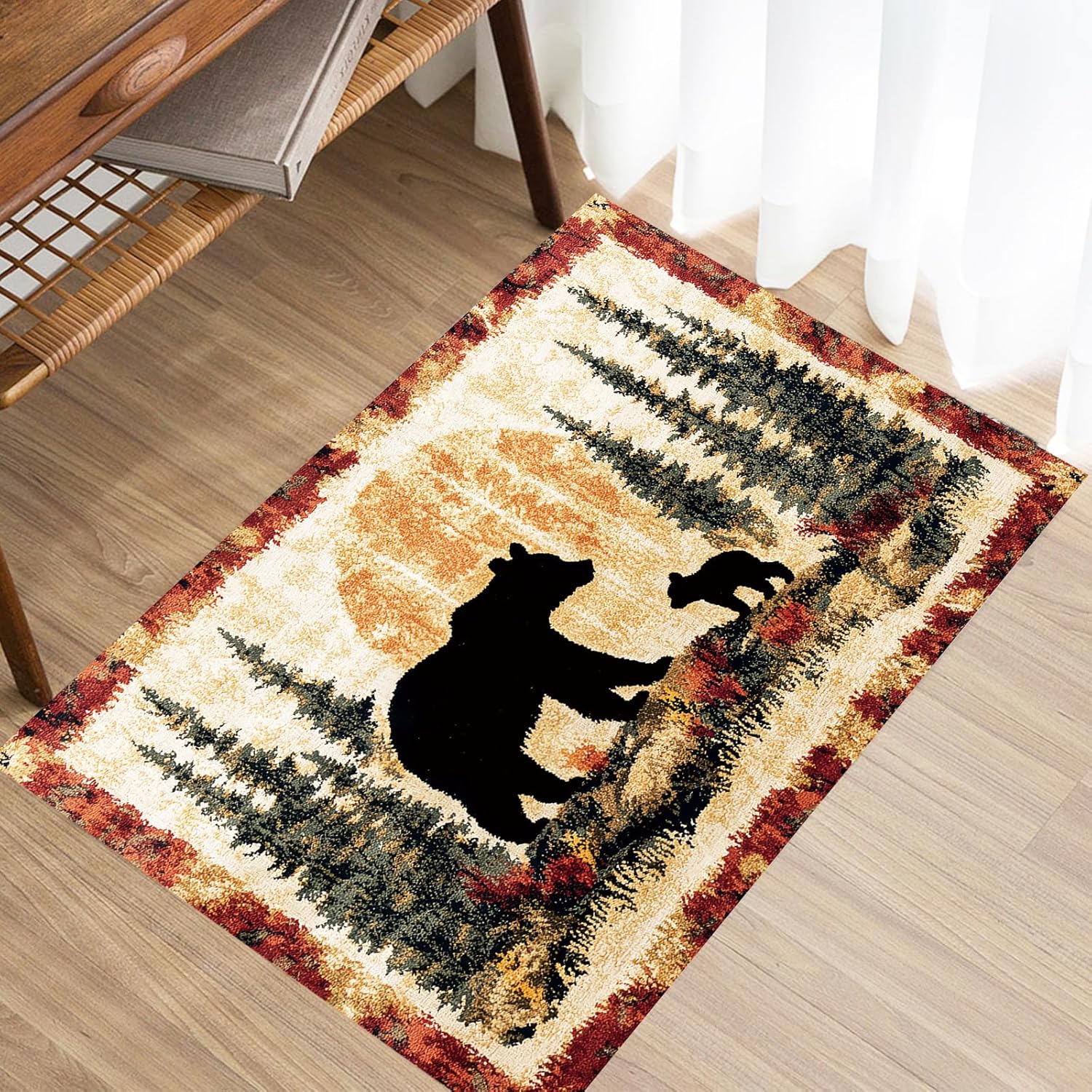 Bear Rug Farmhouse Bathroom Rugs Animal Black Bear Forest Trees Rustic Cabin Carpet Camping Bath Rug Sets for Bathroom Bedroom Kitchen Outdoor Indoor, 19X31in