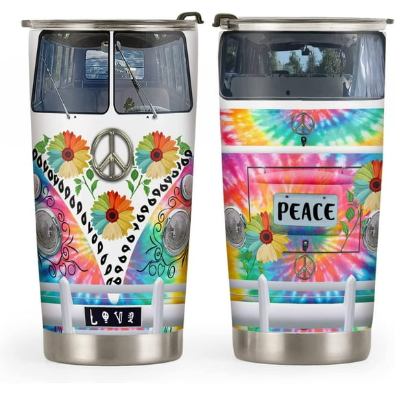 20oz Gifts for Women, Men, Valentines Day Gifts for Her, Him, Inspirational Gifts for Friends, Peace Travel Camper Van, Tie Dye Hippie Van Tumbler Cup, Insulated Travel Coffee Mug with Lid