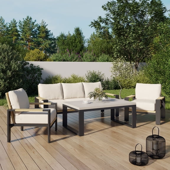 Better Homes & Gardens Ventura 4-Piece Steel Outdoor Patio Conversation Set with Cushions and Patio Cover, Beige