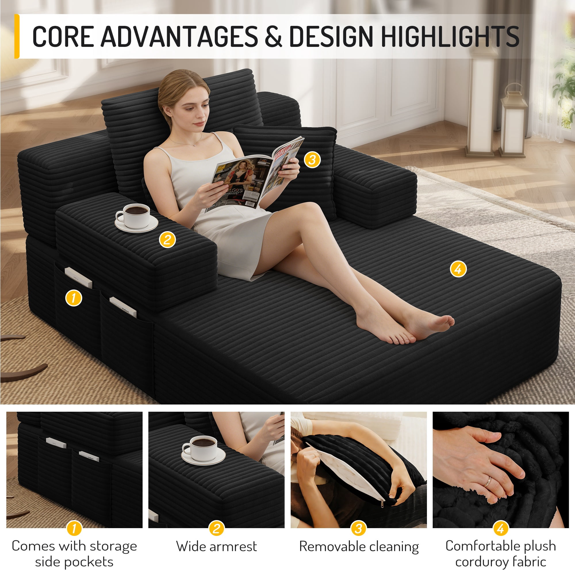 Alvantor Oversized Corduroy Convertible Chaise Lounge Sofa Bed, Black