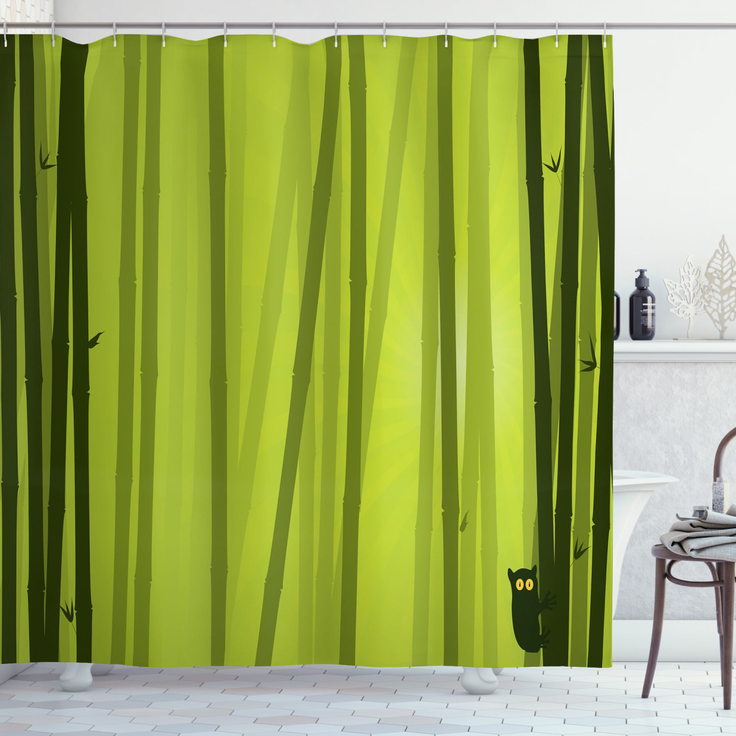 Bamboo Eye Protection Green Shower Curtain Polyester Waterproof Bathroom Decor 