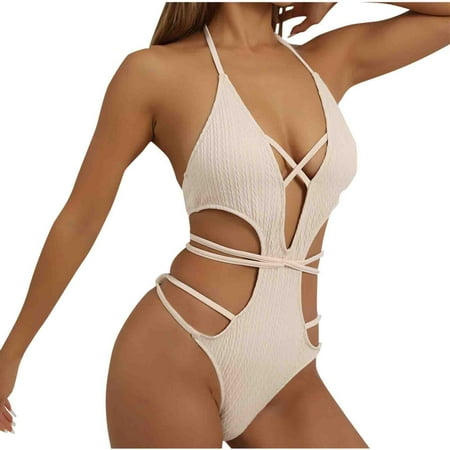 Virmaxy Women s Solid Color One-piece Swimsuit Sexy Backless Strappy Tankini Camisole Waist Cinching Swimwear With Bra Padded for Pool Party Vacation White-2 XL