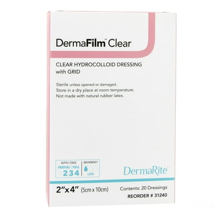 DermaFilm Thin Hydrocolloid Dressing 2 x 4" Rectangle Extra Thin Clear w/grid Film Backing 31240 20 per Box