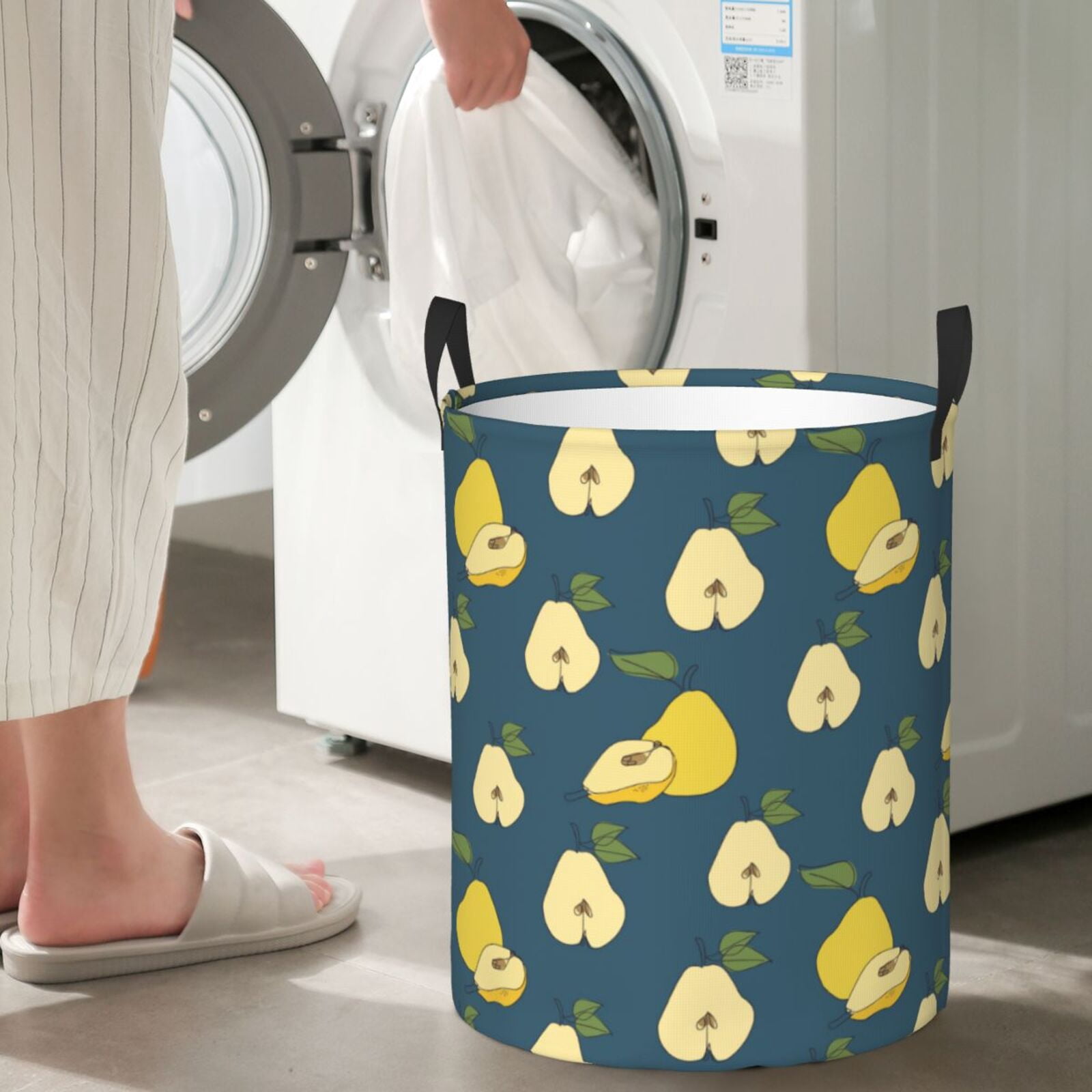 Large Laundry Basket with Handles - Cute Pear Green Leaves Blue Kids Baby Dirty Clothes Laundry Hamper for Bedroom Aesthetic