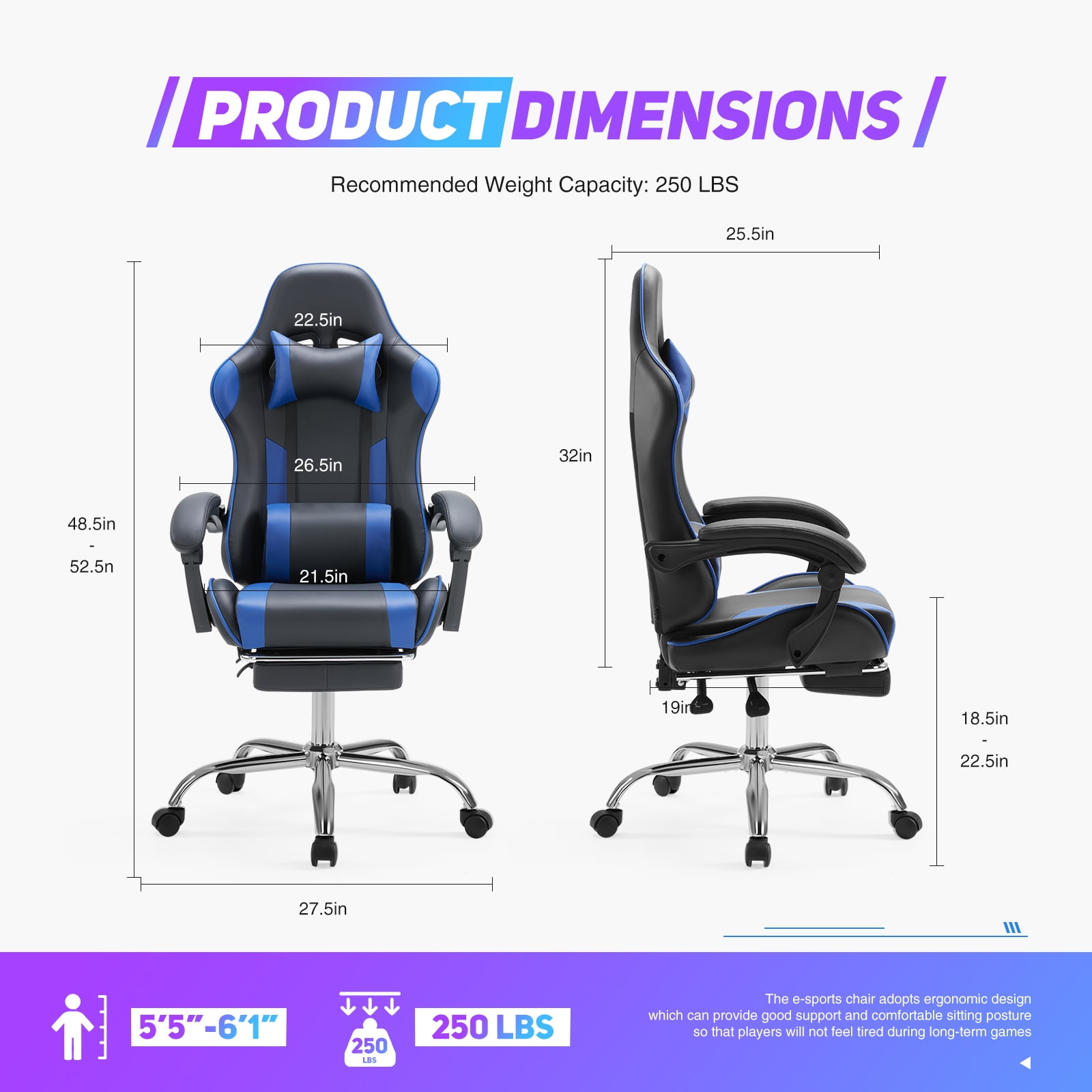 JIOABL Ergonomic Gaming Chair With Headrest And Lumbar Pillow,Height Adjustable With 360°-Swivel Seat,Blue
