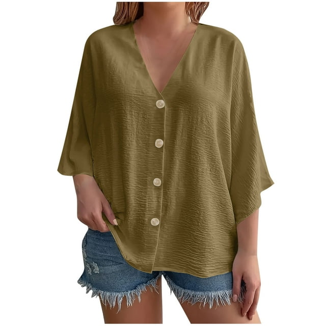 Diufon Women's Button Down Shirts 3/4 Sleev V Neck Tunic Blouses Plus Size Loose Flowy Cardigan Tops