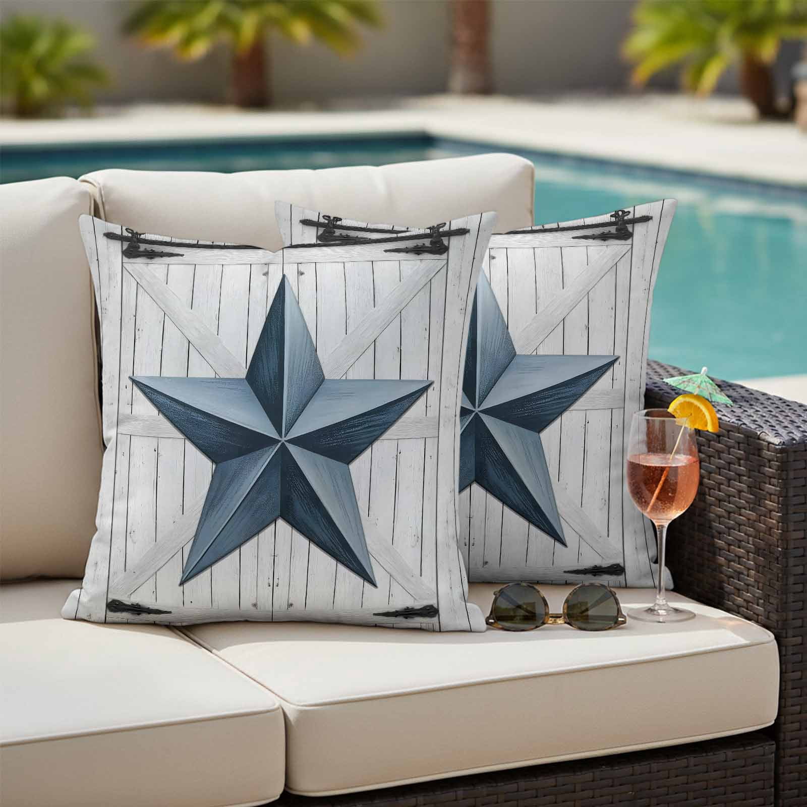 Texas Star Vintage Outdoor Waterproof Pillow Covers, Navy Blue Wooden Retro Decorative Square Throw Pillowcase Sofa Cushion Sham for Patio/Couch/Chair, 16"x16" 2 Pack