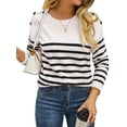 thumbnail image 3 of Xuanfei Women Striped Color Block Crew Neck Long Sleeve Shoulder Buttons Knitted Sweater, 3 of 7