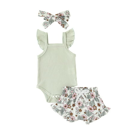 

GuliriFei 3pcs Newborn Baby Girls Summer Shorts Set Knit Rib Fly Sleeve Romper Jumpsuit Bodysuit + Floral Pants Shorts+Headband Outfit Set