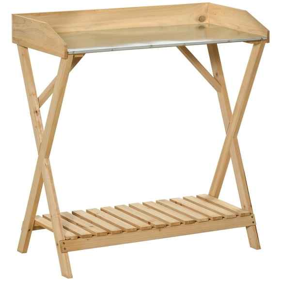 Outsunny Garden Potting Bench Table, Wooden Work Station, Outdoor Planting Workbench w/ Galvanized Metal Tabletop and Storage Shelf