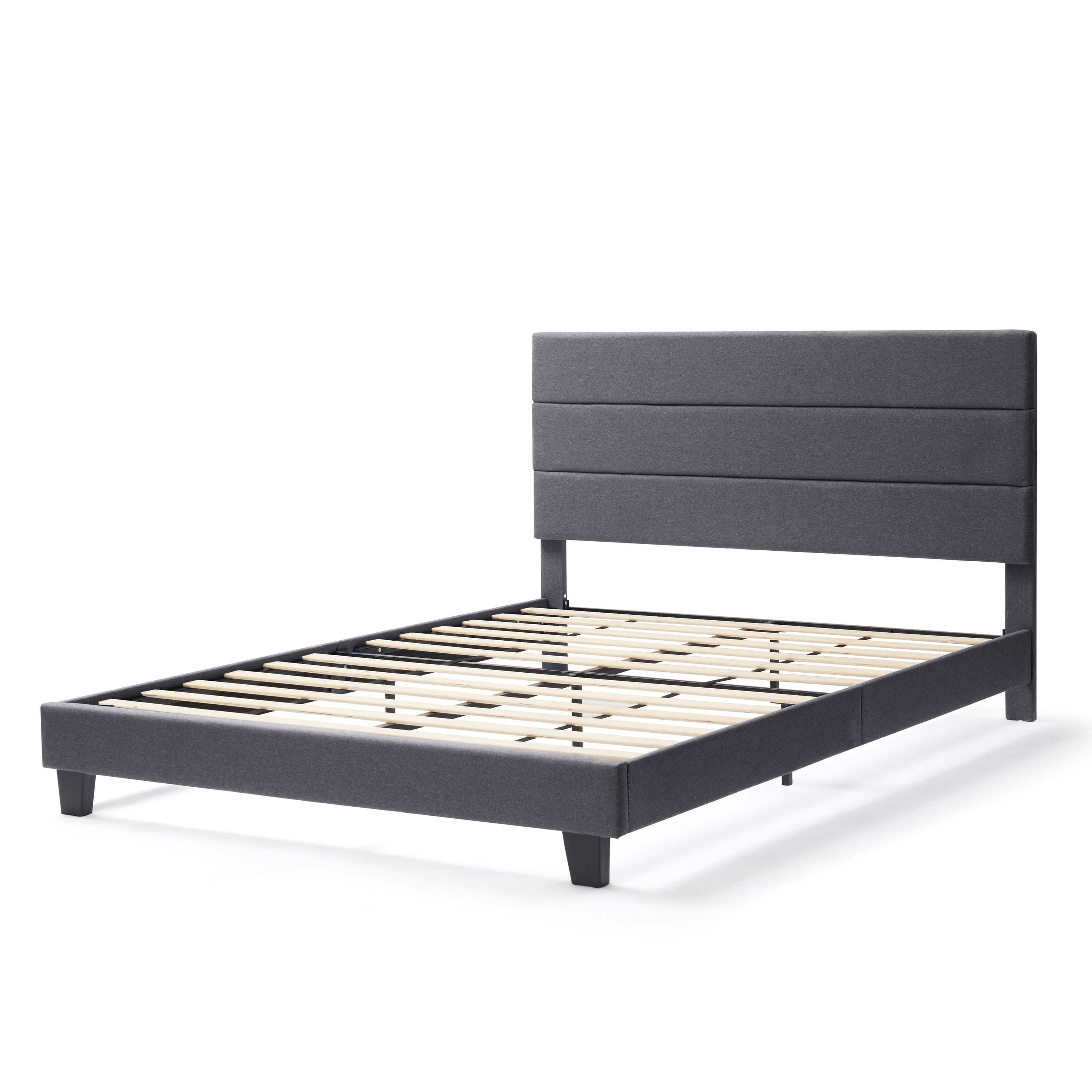 Lammaloe Full Size Platform Bed Frame with Horizontal Channel Upholstered Headboard, Grey, Full