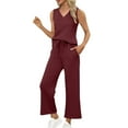 thumbnail image 3 of Jinhomg Lounge Sets for Women Summer 2 Piece Outfits Casual Sleeveless Tank Tops Elastic Wide Leg Pants Suit with Pockets Red,M, 3 of 7