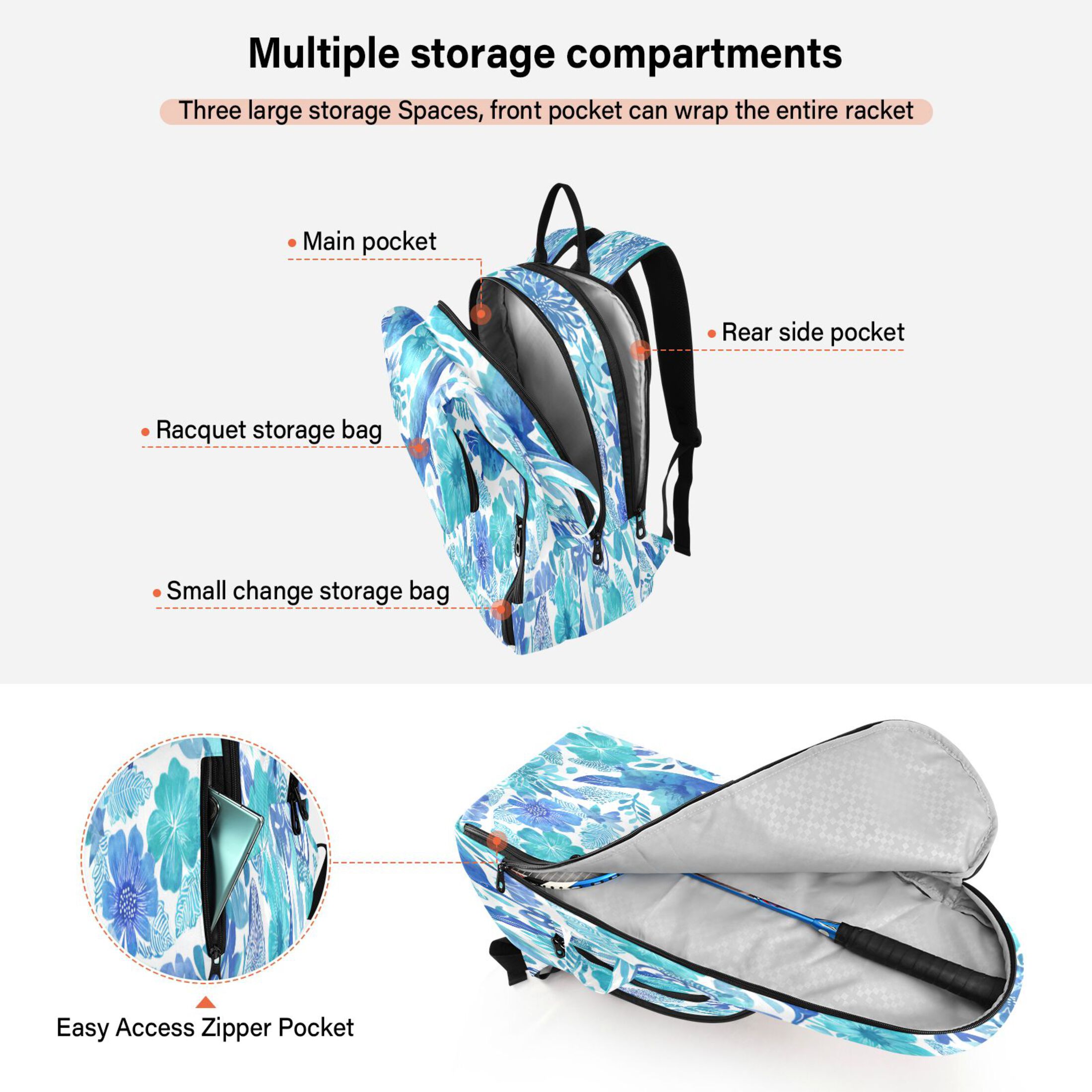 2 Racquet Holder Tennis Backpack Tennis Racket Covers Gym Bags Blue Hummingbirds