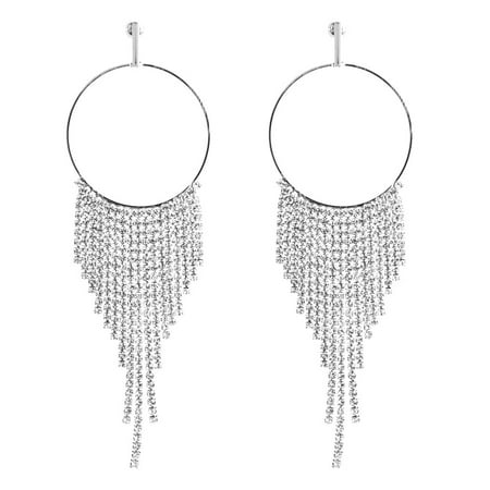 

JUSTUP Crystal Chandelier Tassel Long Big Statement Chain Dangle Drop Earrings Silver Tone