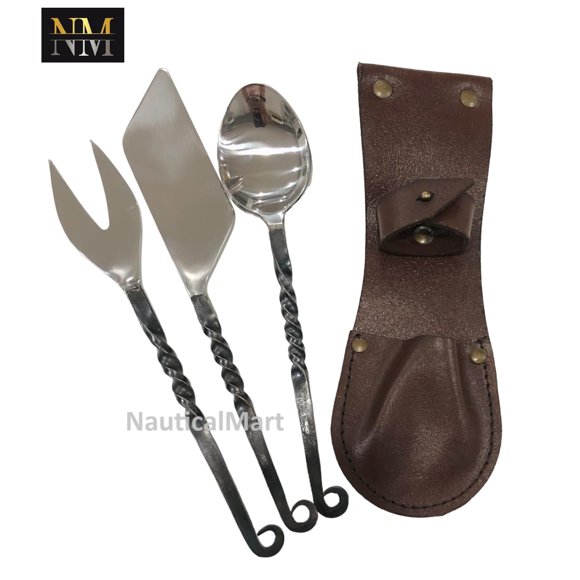 NauticalMart Medieval Feasting Set 3 Pieces Cutlery Knife, Fork, Spoon with Brown Leather Case