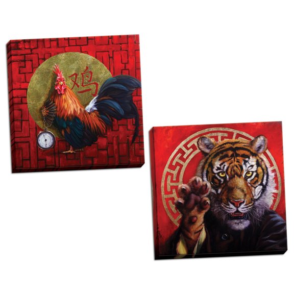 Gango Home Decor Vertical Keeper of Time & Legend of Tiger Claw by Lucia Heffernan (Ready to Hang); Two 16x16in Hand-Stretched Canvases