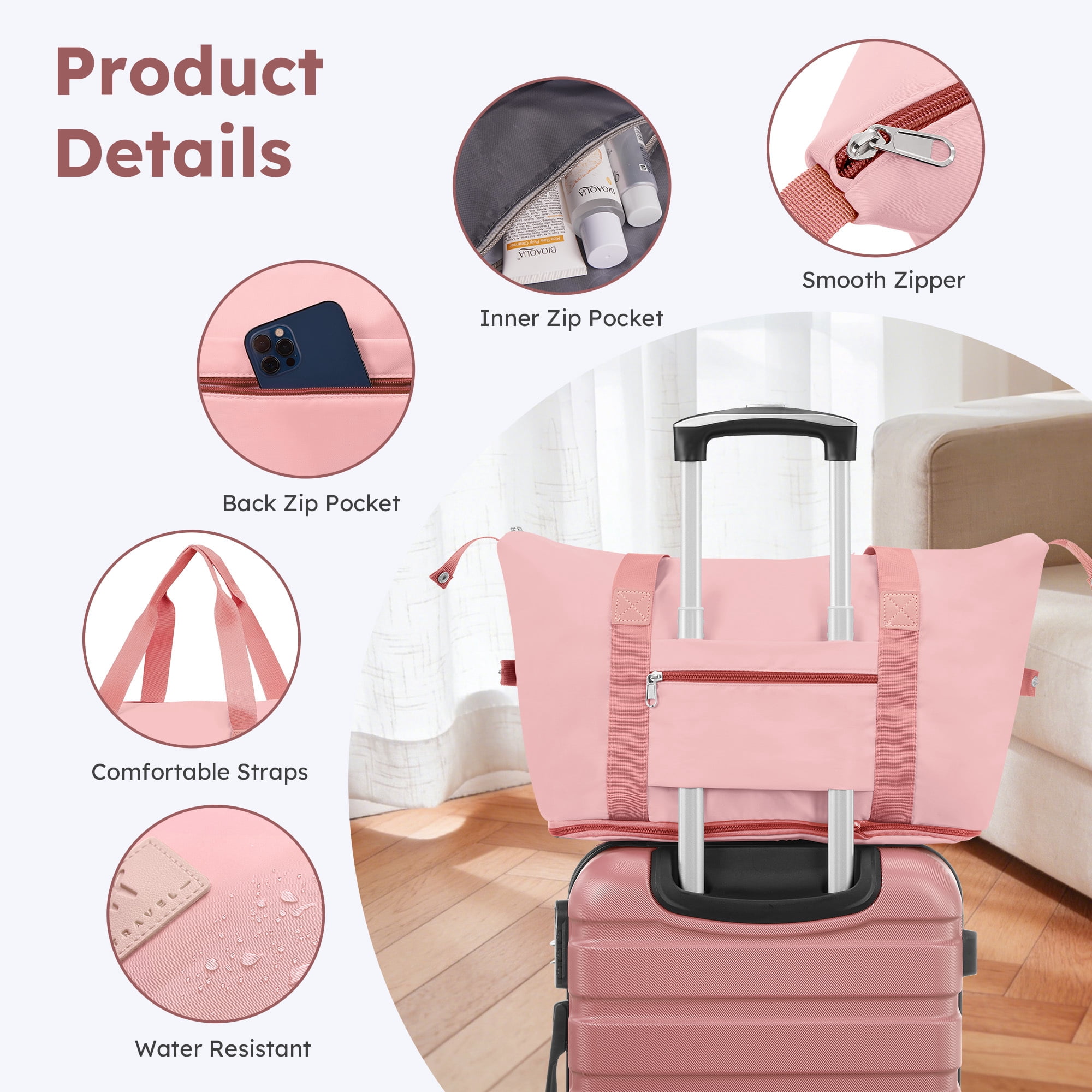 Gowill 6 Piece Luggage Sets,16/20/24/28 inch Hardside Lightweight ABS Suitcase With Expandable Duffle Bag (Rose Gold)