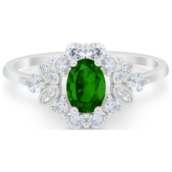 Vintage Art Deco Oval Round Green Emerald CZ Wedding Ring 925 Sterling Silver Size 5