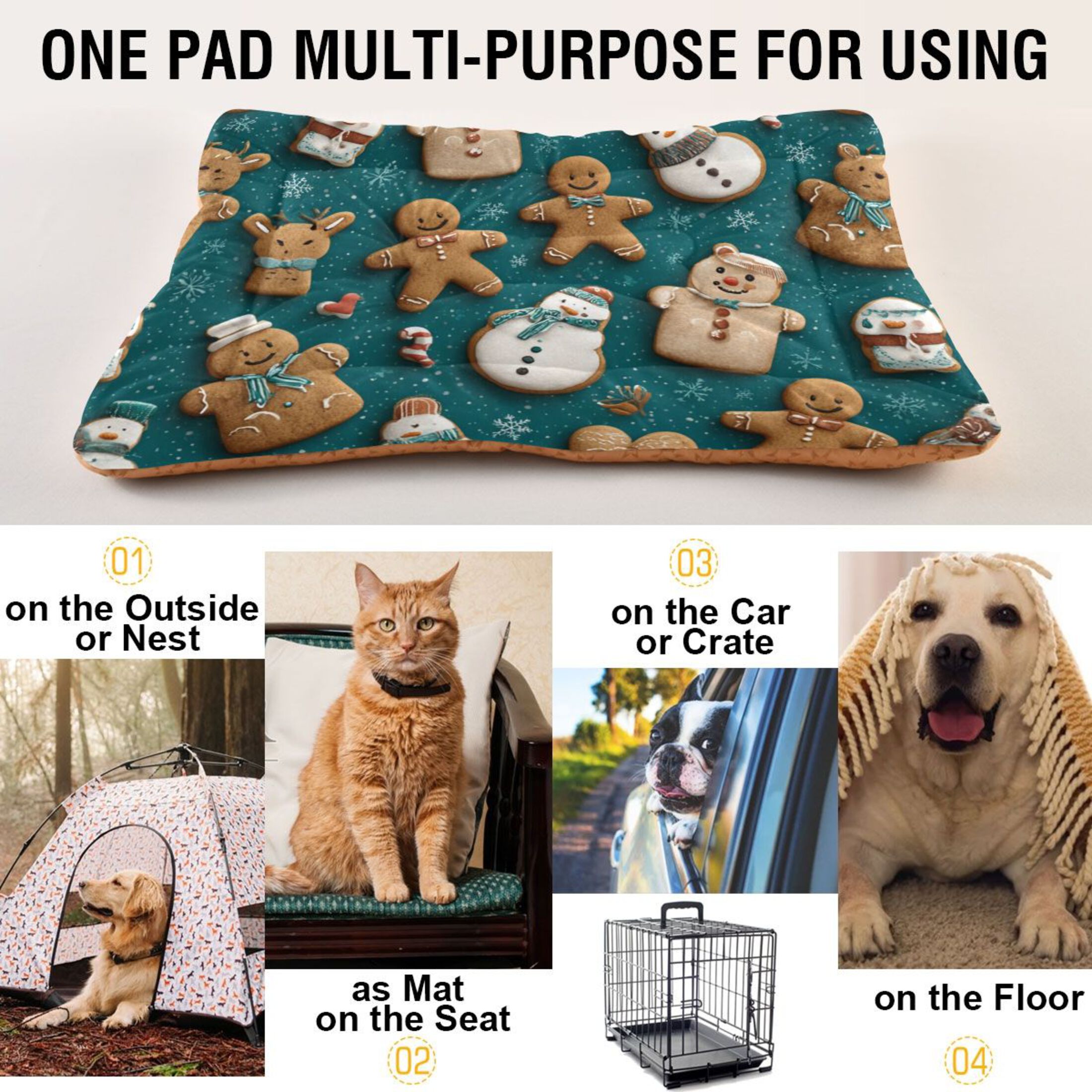 Cozy Mat Pet Bed Indoor Outdoor Warm Soft For Cat Dog Puppy(S/M) Snowmen Reindeer