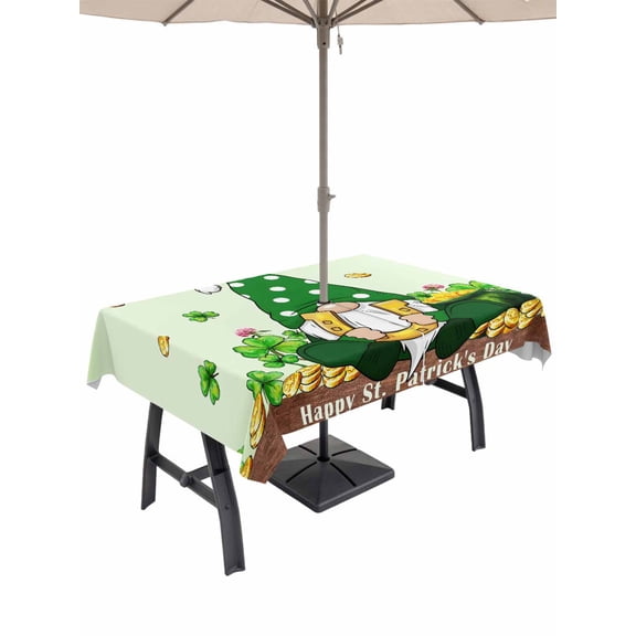 Outdoor Tablecloth with Umbrella Hole and Zipper, St. Patrick's Day Rectangle Table Cloth 60x120 Inch Waterproof Tablecloth, Gnomes Shamrocks Gold Coin Ombre Green Picnic Table Cover for Patio