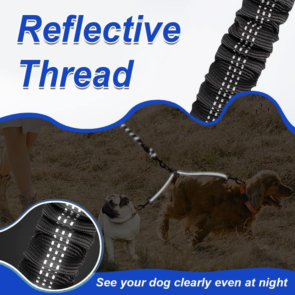Double Dog Leash, Dual Dog Leash, 360° Swivel Tangle Free Bungee Walking Training for Large Medium Dogs, Shock Absorbing Bungee Reflective for Two Dogs, 18~121 lbs