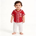 thumbnail image 4 of mgoYE 2Pcs Toddler Baby Boy Summer Baseball Outfit Set 3-6 Months Short Sleeve Baseball Button T-Shirt Top and Striped Pants Clothes Red, 4 of 6
