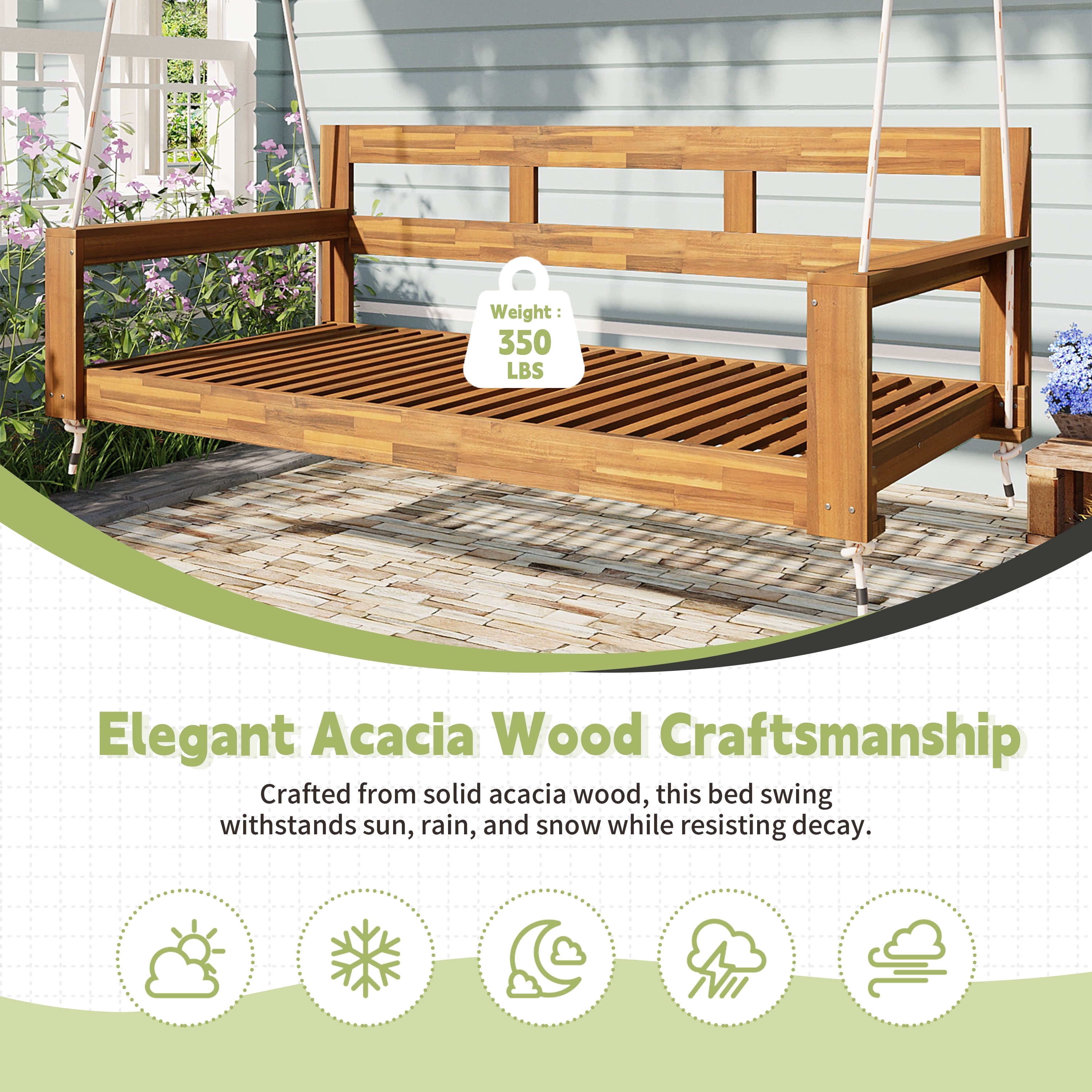 Euroco Acacia Wood Farmhouse Swing Bed with Hemp Rope Suspension, 350lbs Capacity, Twin Size, Easy Assembly, Cushions Not Included