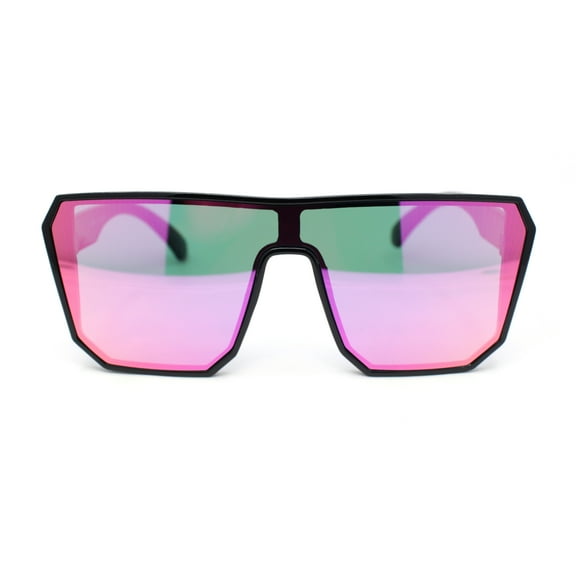 90s Large Geometric Rectangular Inset Lens Shield Fashion Sunglasses Shiny Black - Pink Mirror