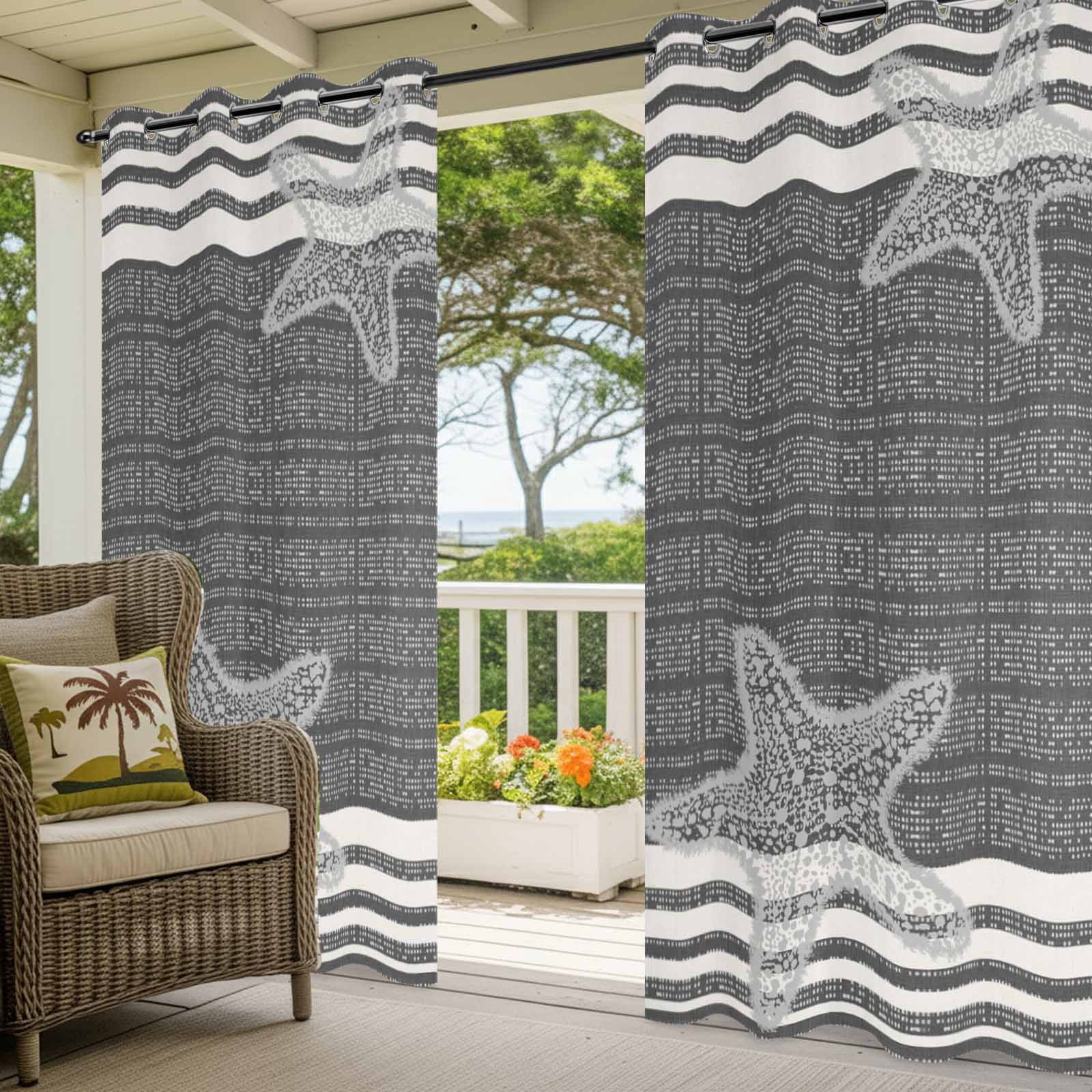 Pixel Black Star Outdoor Curtains for Patio, Modern Abstract Nautical Ocean Beach Starfish Stripe Sunshade Privacy Drapes Grommet Waterproof Outside Curtains for Porch Balcony 54"x108", 1 Panel