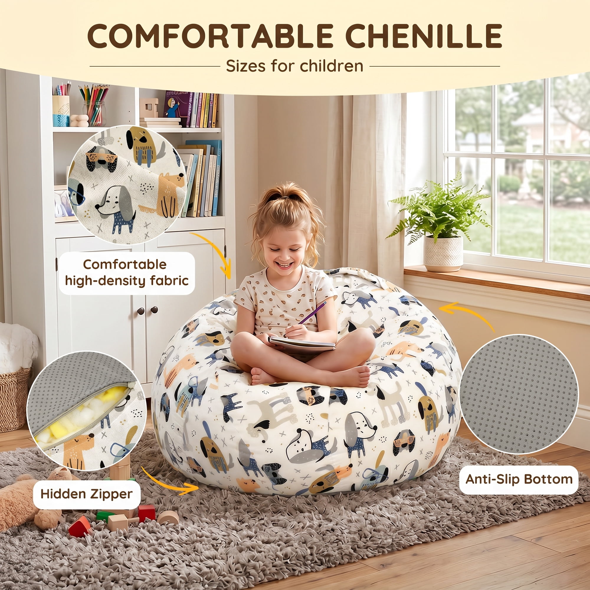 2.5FT Velvet & Chenille Bean Bag Chair for Teens, High-Density Foam Filled Soft Bean Bag Sofa with Carry Handle, Non-Slip Bottom for Bedroom Playroom Living Room