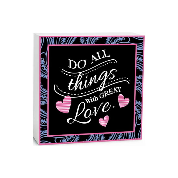 Do Things With Love Pink Hearts Scroll 5 x 5 Wood Tabletop Sign Plaque